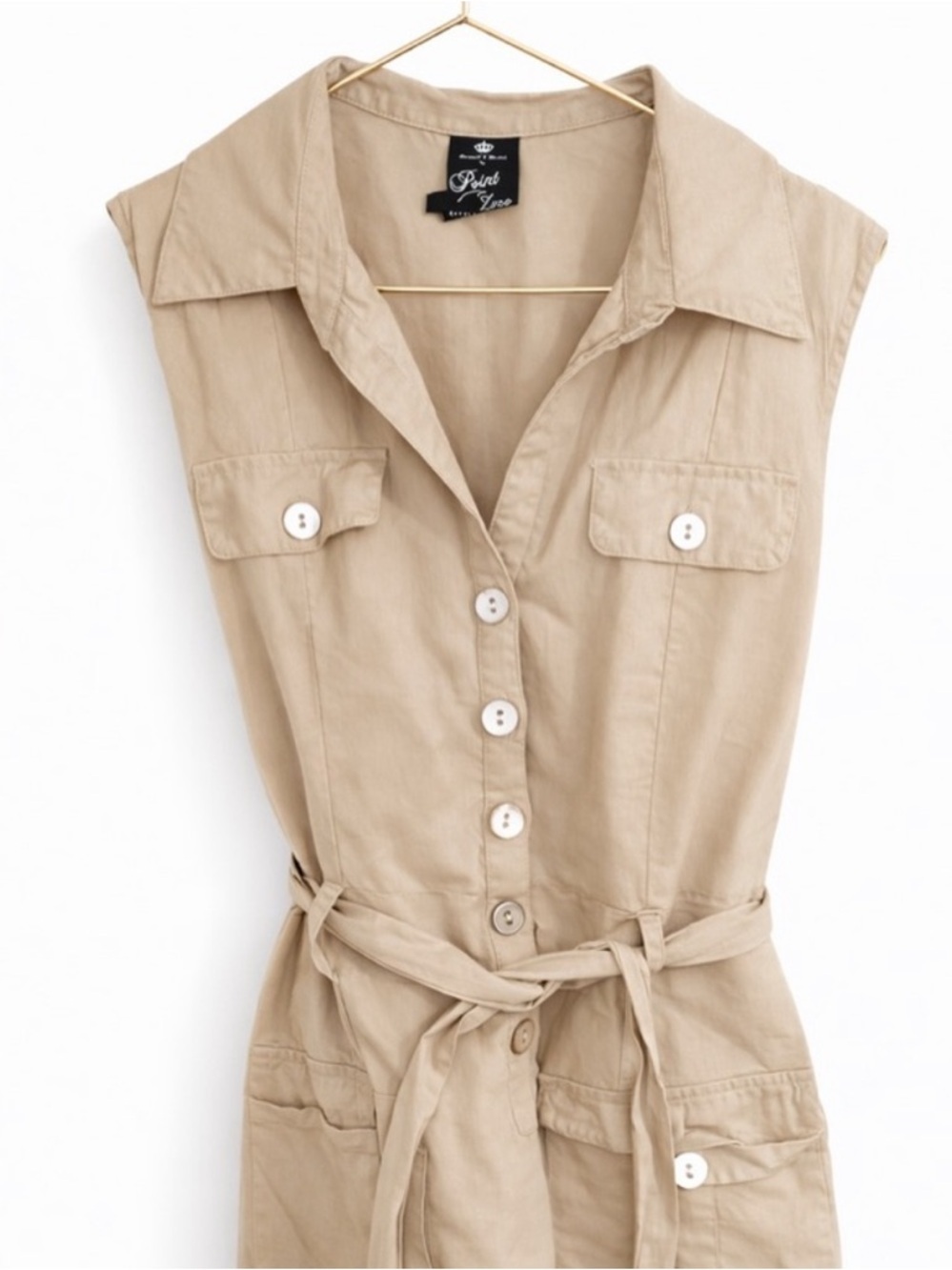 POINT ZERO Beige Belted Utility Shirt Dress Sleeveless Size 10 - Picture 2 of 2
